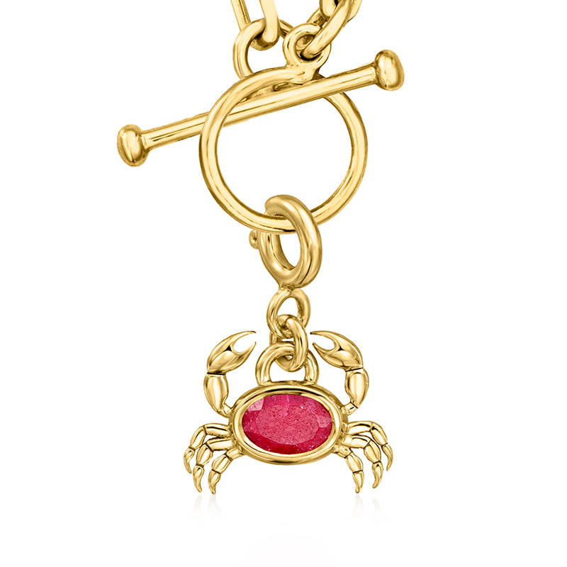 Gold crab charm with red oval ruby stone and clasp bail for attachment