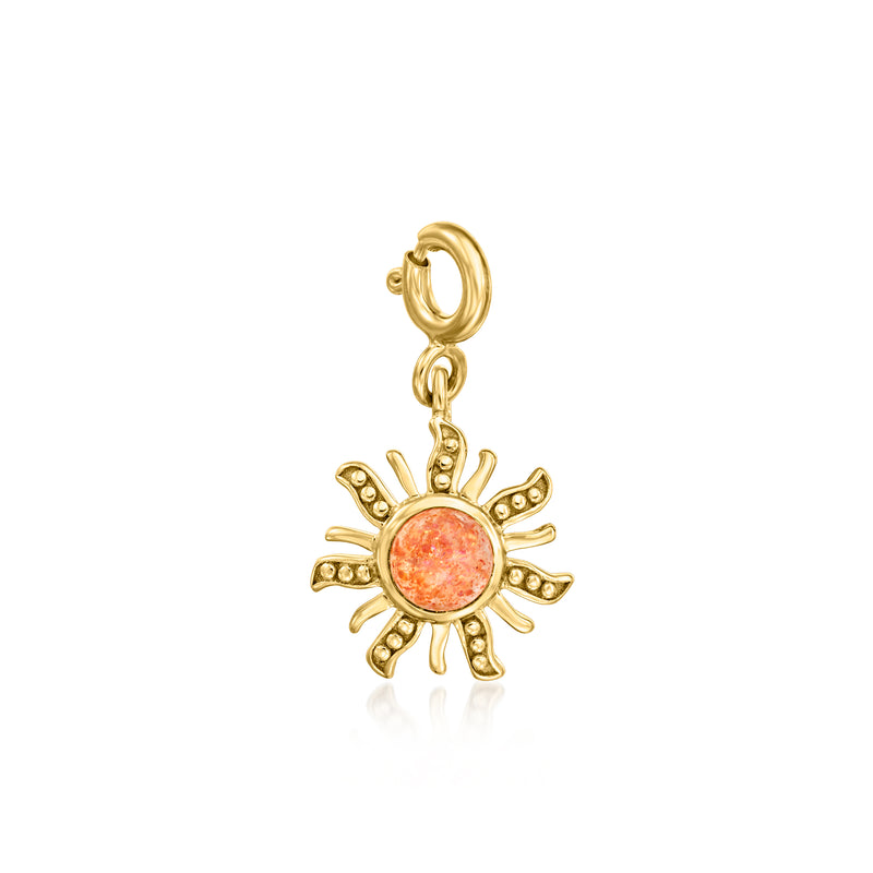 Orange sunstone sun charm with gold-tone hoop and radiant flower-shaped bail