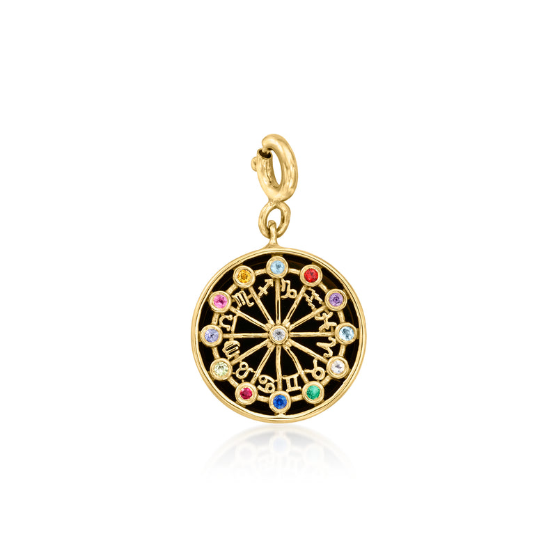 Gold-tone zodiac wheel charm with multicolored gemstones and round black enamel center