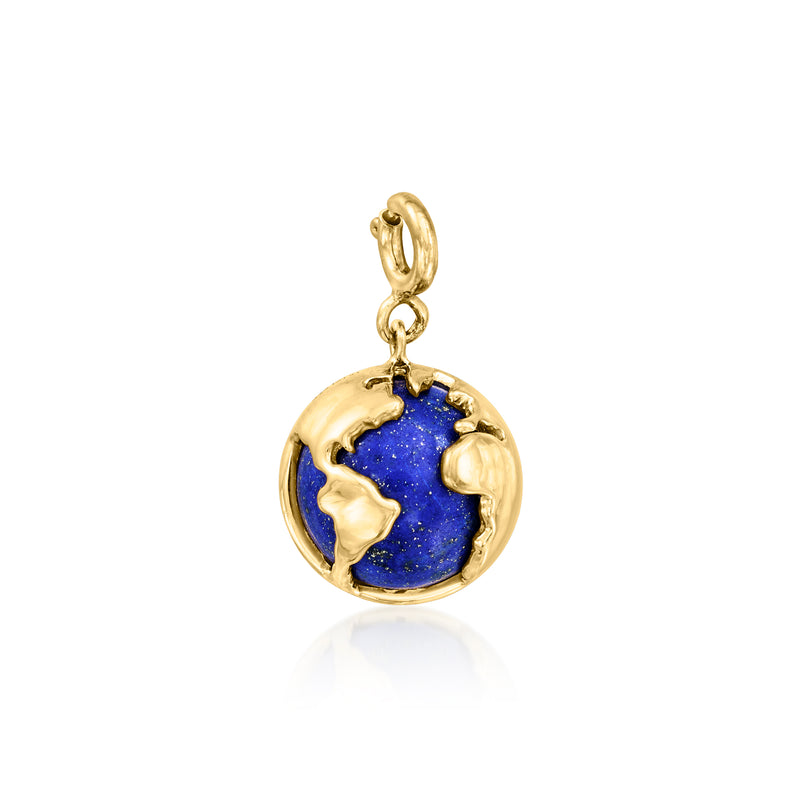 Gold globe charm with blue lapis-style inlay and loop bail
