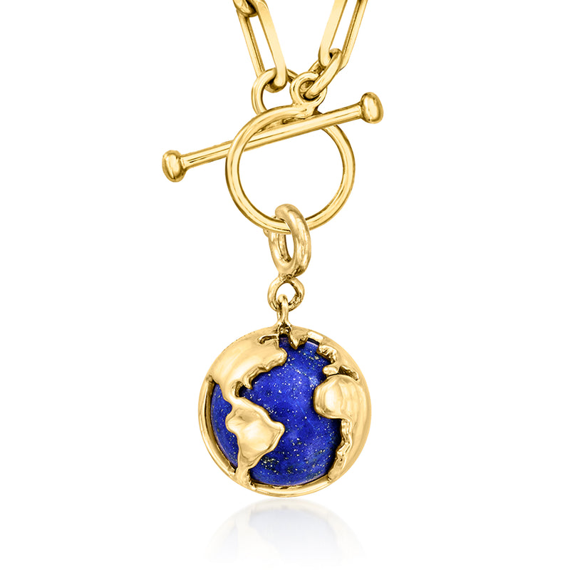 Gold globe charm with blue lapis-style inlay, viewed from the top loop