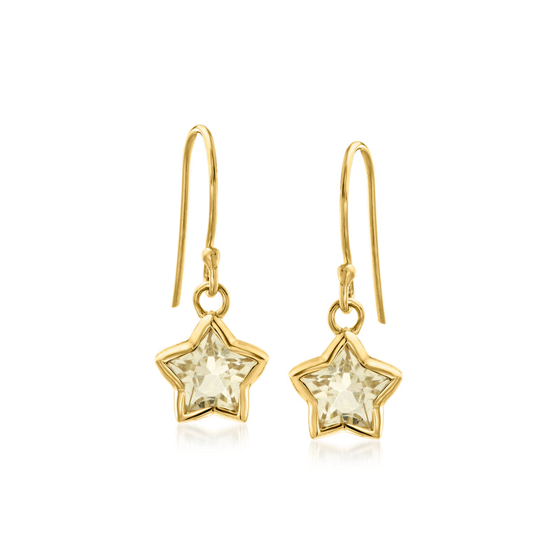Gold-tone star drop earrings with pale yellow lemon quartz and fishhook earwires