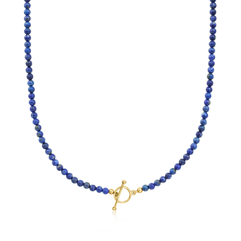 Lapis blue bead toggle necklace with gold clasp and round eye charm pendant
