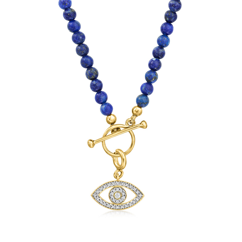 Lapis blue bead necklace with gold toggle bar and dangling eye charm pendant