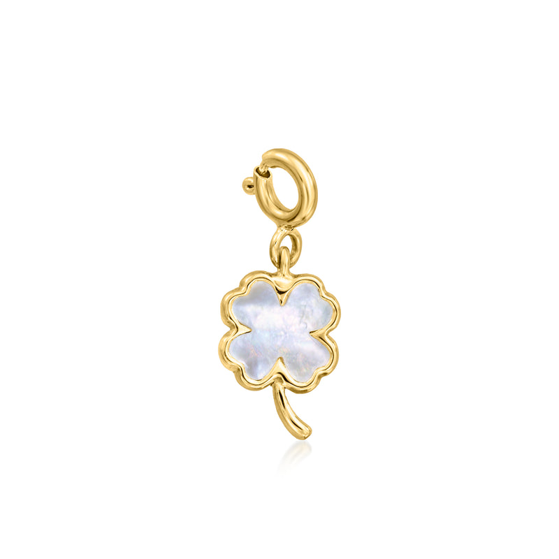 Gold clover charm with blue mother-of-pearl center and small hoop bail