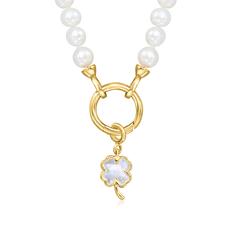 Gold clover charm on pearl bead chain, mother-of-pearl center and hoop bail