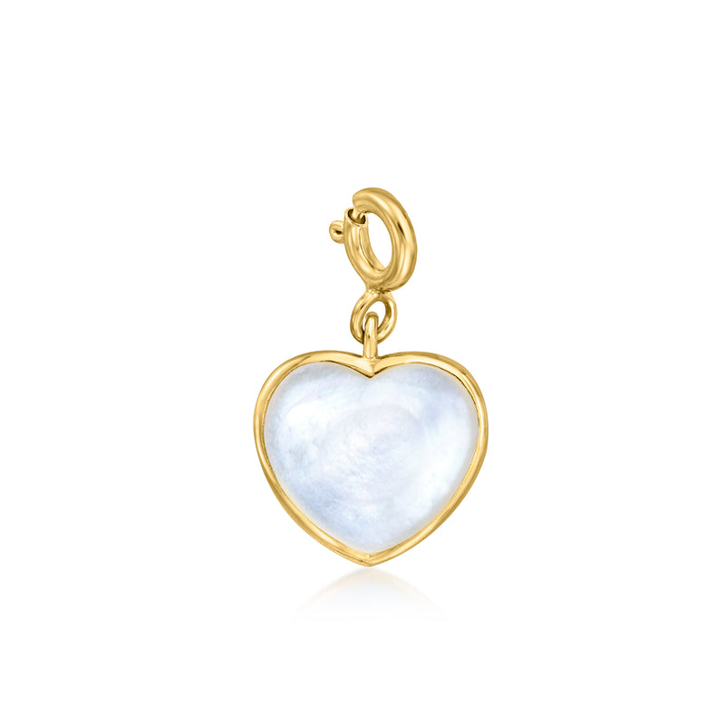 Gold over sterling heart charm with mother-of-pearl center, hinged top loop