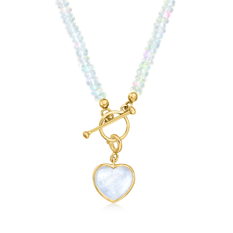 Gold over sterling heart charm pendant with mother-of-pearl heart, on beaded chain