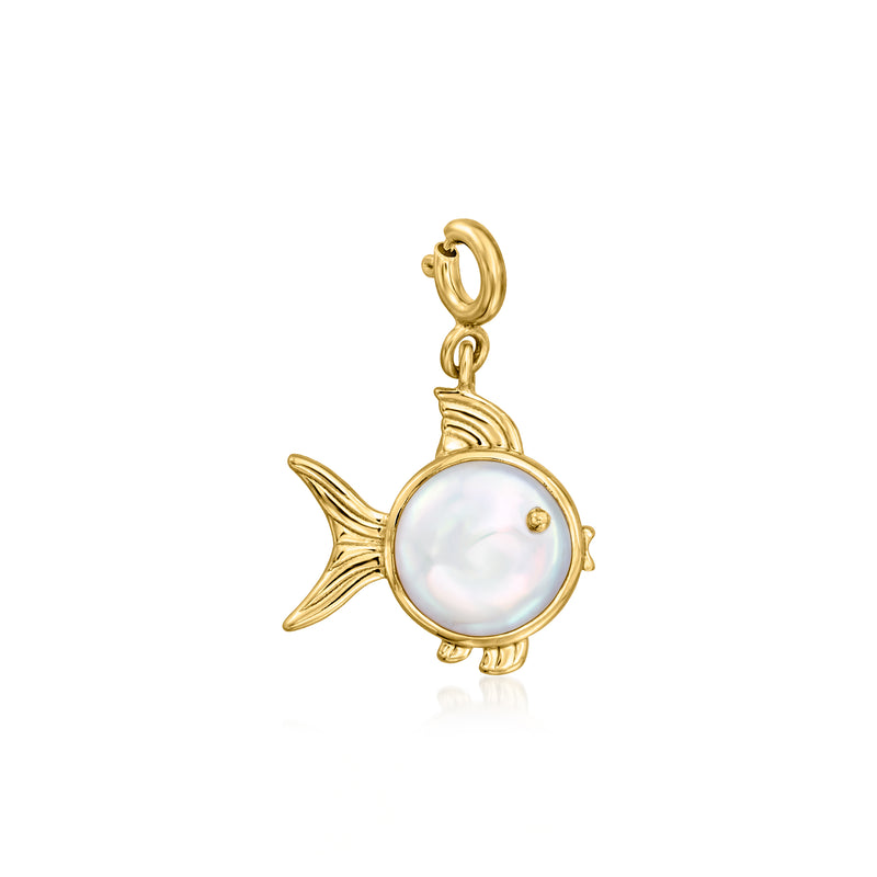 Fish charm with coin pearl in 18kt gold over sterling, gold loop top