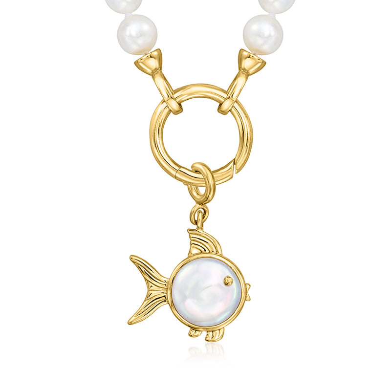 Gold fish pendant charm with coin pearl face and hanging loop, 18kt gold over sterling