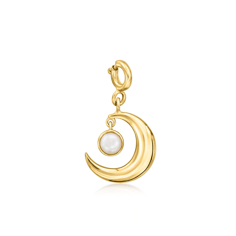 Gold moon charm with small round cultured pearl drop, polished 18kt gold over sterling