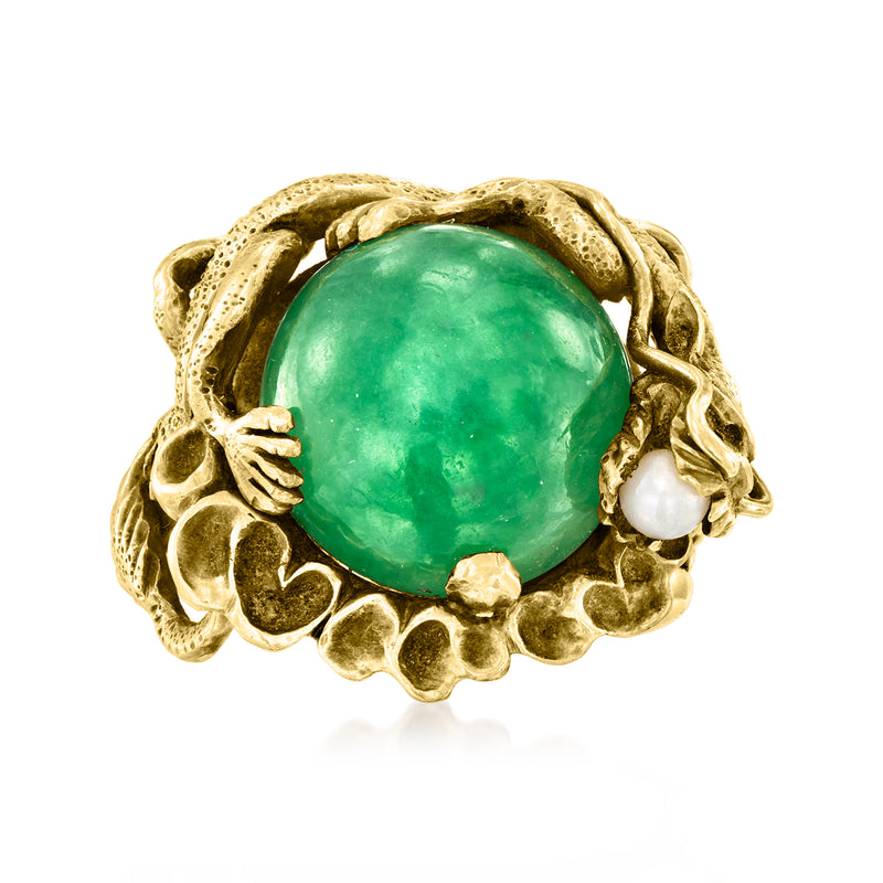14kt yellow gold dragon ring with green jade cabochon and pearl accents