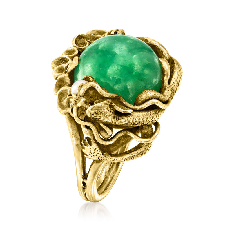 Yellow gold dragon ring with round green jade gemstone and sculpted dragon band