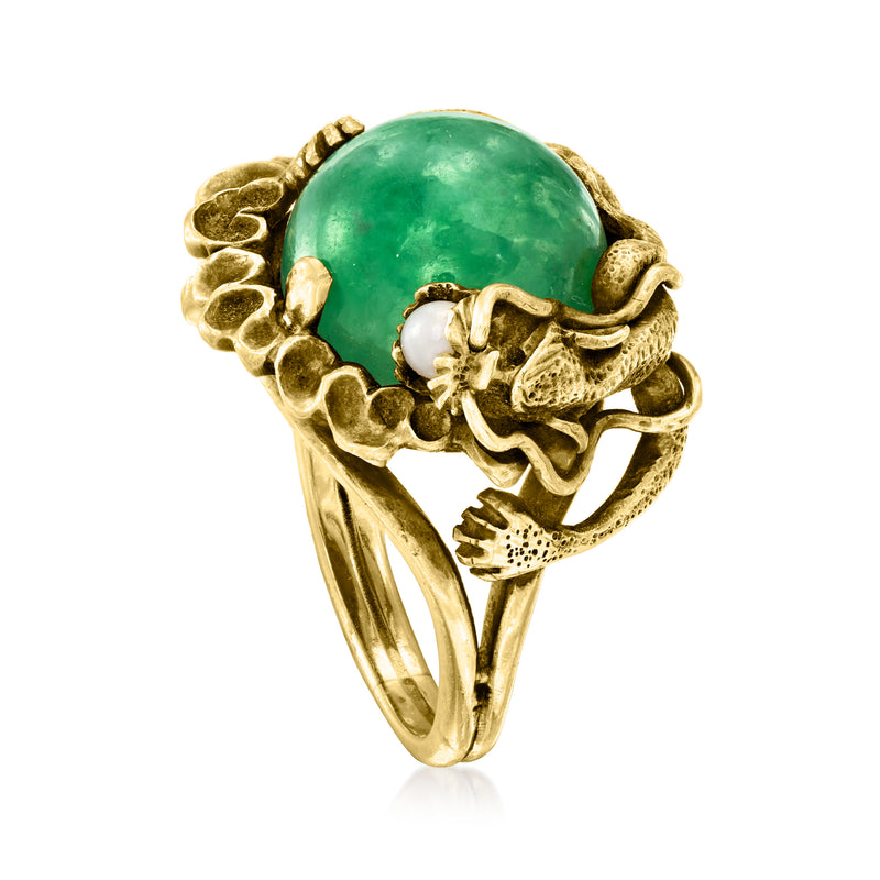 Yellow gold dragon ring with green jade cabochon, small white pearl, raised details