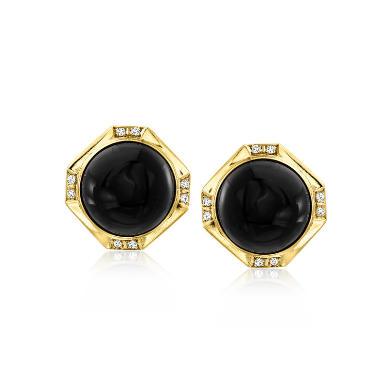 14kt yellow gold onyx diamond stud earrings with round black onyx and small diamond halo