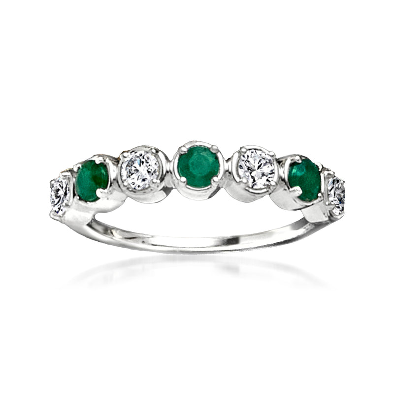 Sterling silver diamond ring with round emerald-green stones and small round diamonds