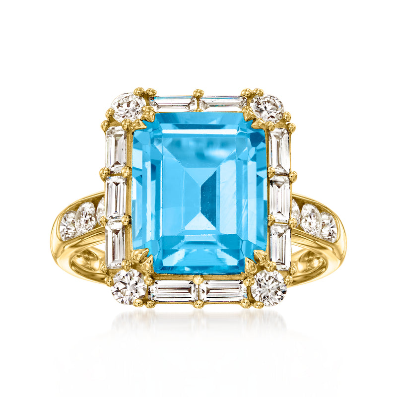 14kt yellow gold ring with blue topaz center and diamond accents