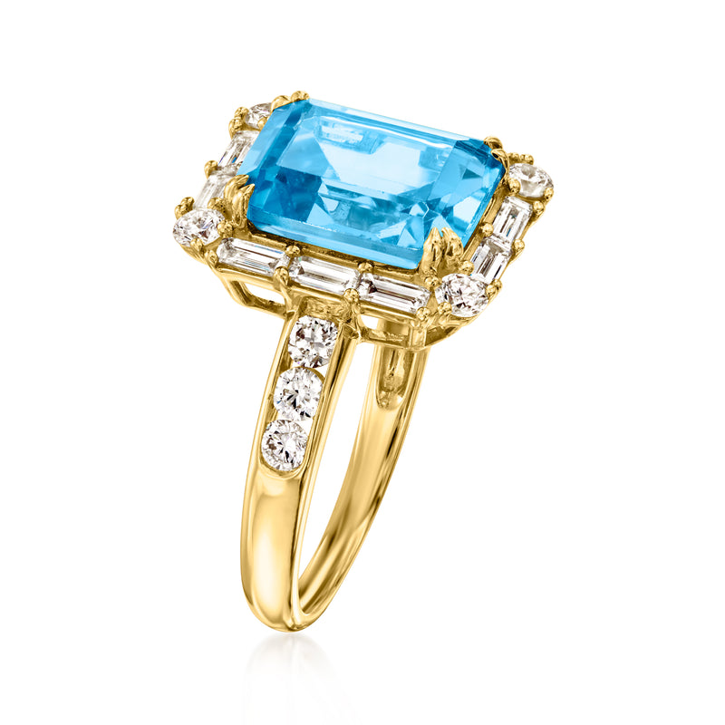 14kt yellow gold ring with blue topaz emerald-cut center and diamond side stones