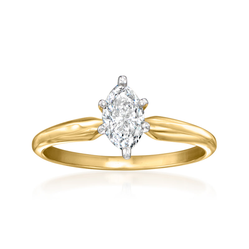 14kt yellow gold solitaire ring with marquise-cut diamond center and side prongs