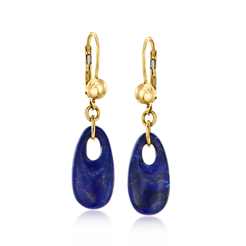 14kt yellow gold lapis drop earrings with leverback hooks and blue oval stones