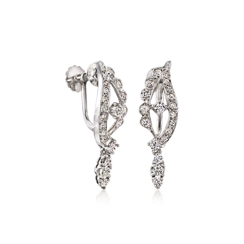 14kt white gold diamond drop clip-on earrings, openwork teardrop design