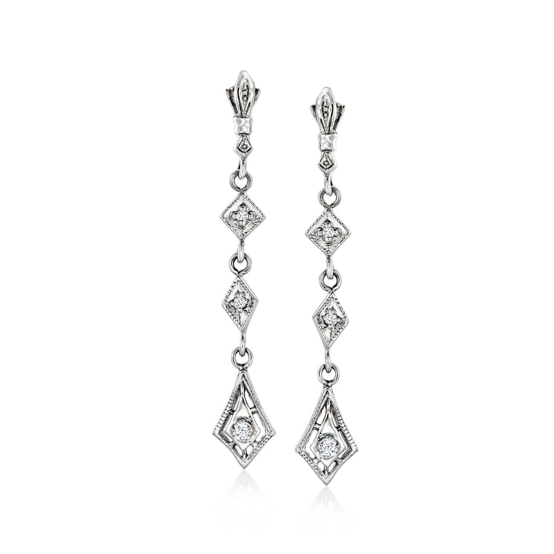 Vintage diamond drop earrings in 14kt white gold, three faceted linked squares