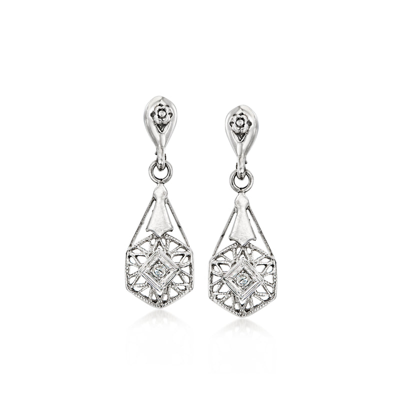 14kt white gold vintage filigree diamond drop earrings, teardrop lattice with center stone