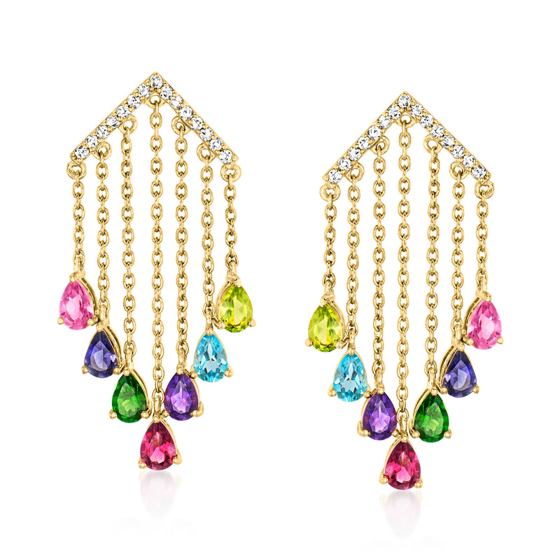 18kt gold chandelier drop earrings with multicolor teardrop gemstones and dangling chains