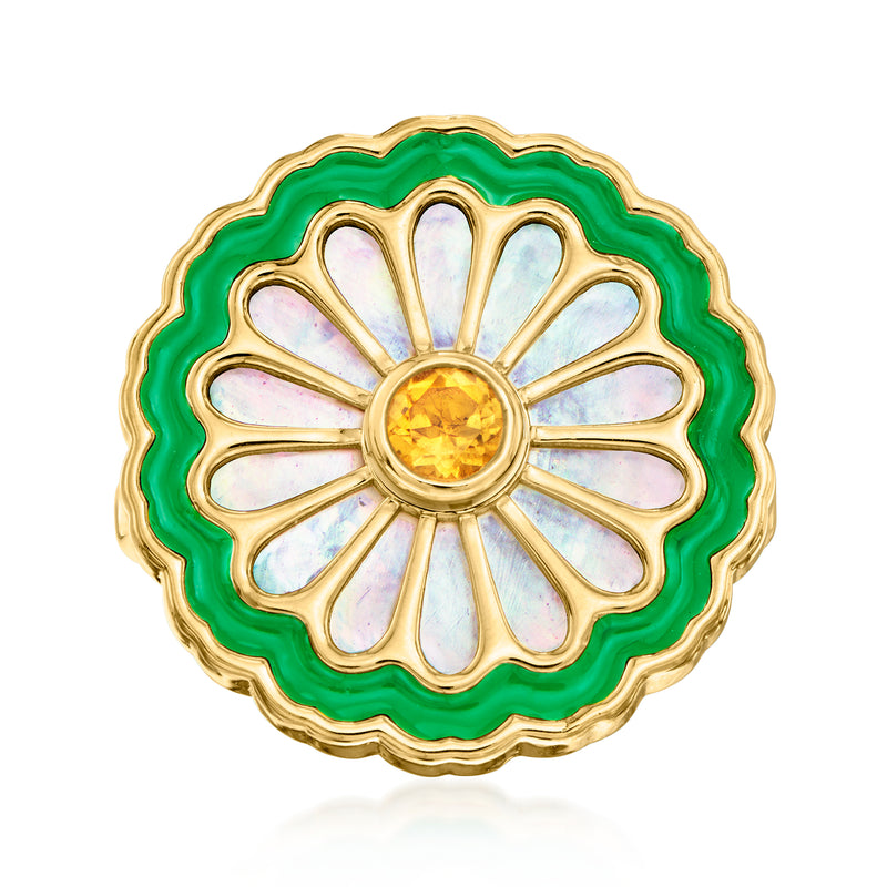 Gold flower ring with green enamel rim and citrine center stone