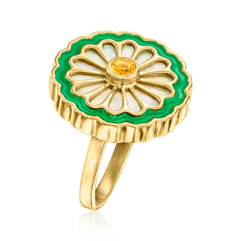 Gold flower ring with green enamel border and citrine center stone