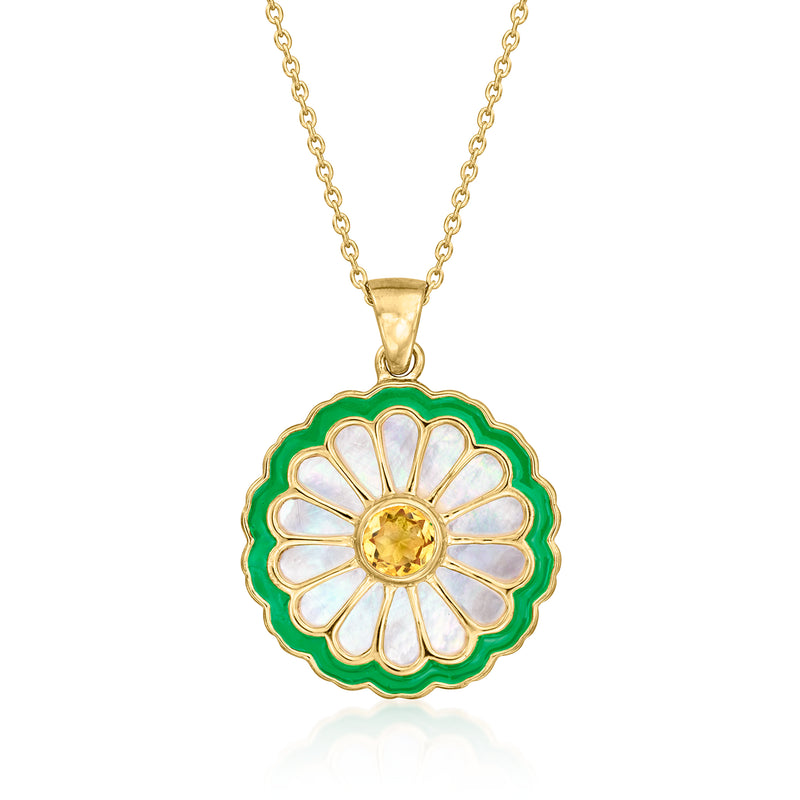 Gold flower pendant necklace with mother-of-pearl petals, green enamel ring, yellow center stone