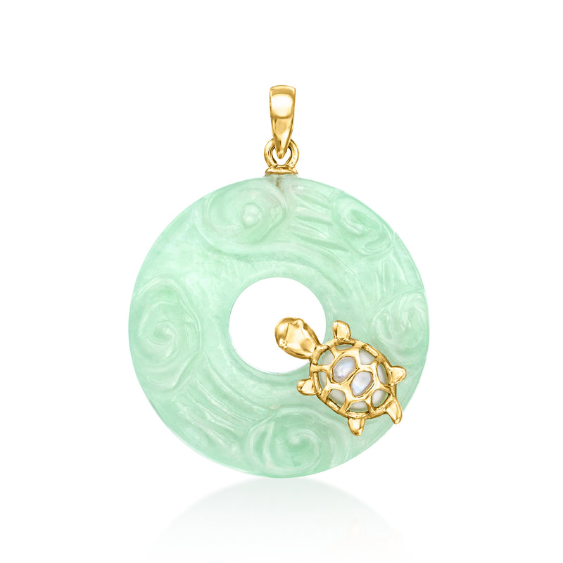 Carved mint green jade turtle pendant in 14kt yellow gold with mother-of-pearl inlay