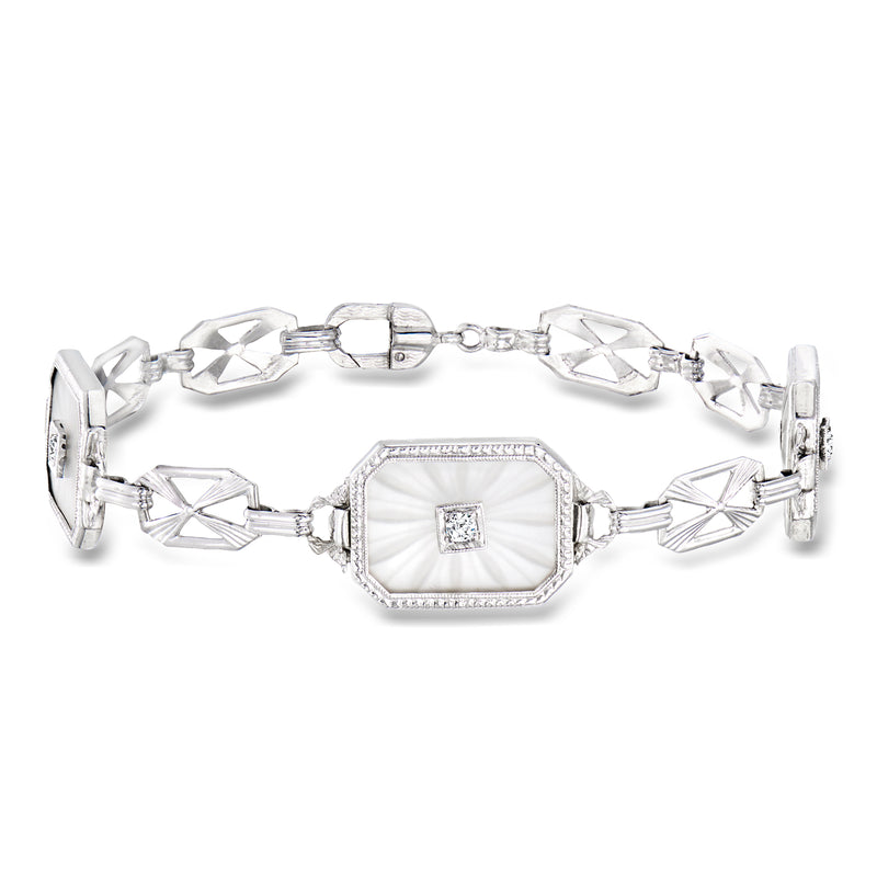 Vintage rock crystal and diamond bracelet in 14k white gold with central oval panel