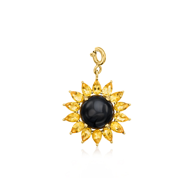 Gold-tone flower charm with glossy black round center and yellow petal stones, loop bail