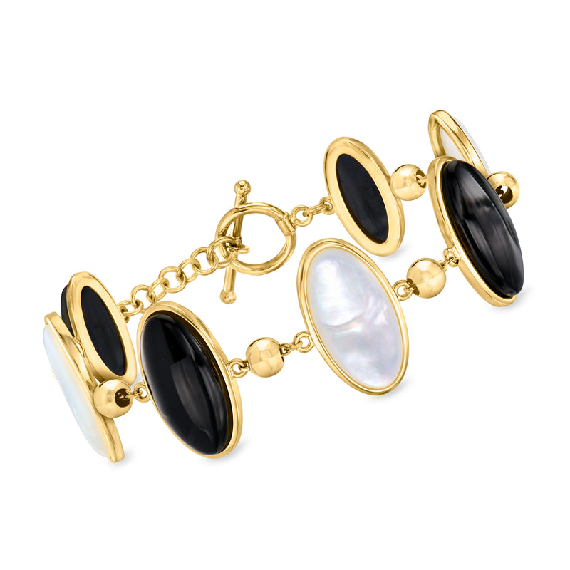 Gold over sterling bracelet with oval black onyx and mother-of-pearl links