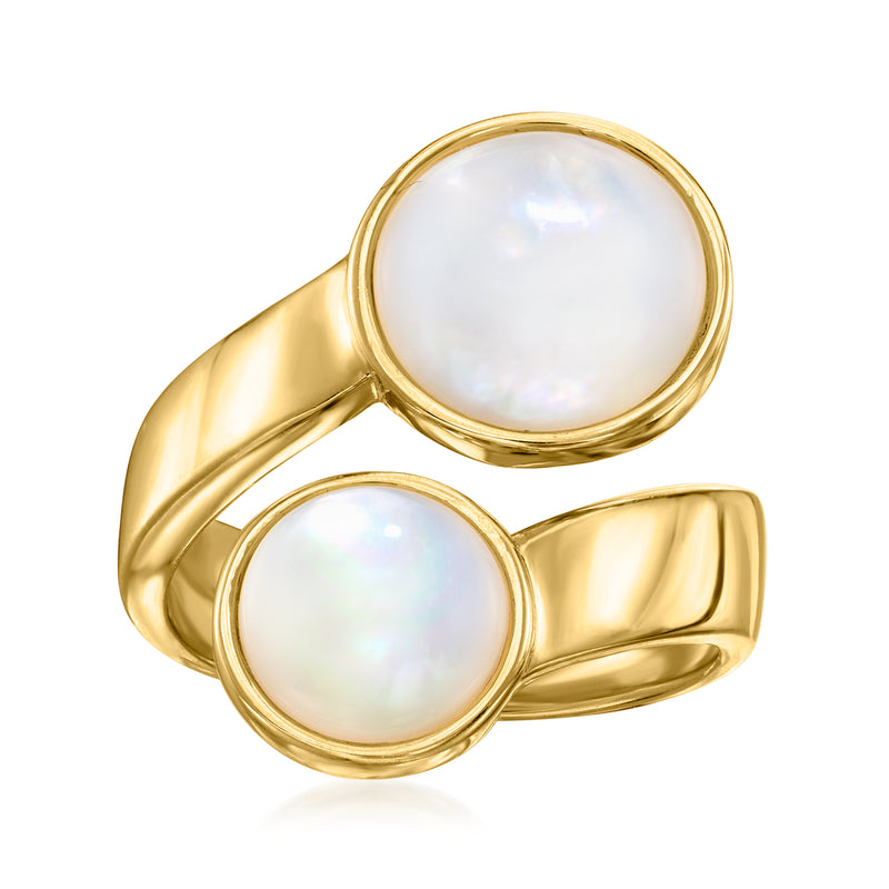 Gold-tone bypass ring with two round mother-of-pearl cabochon stones