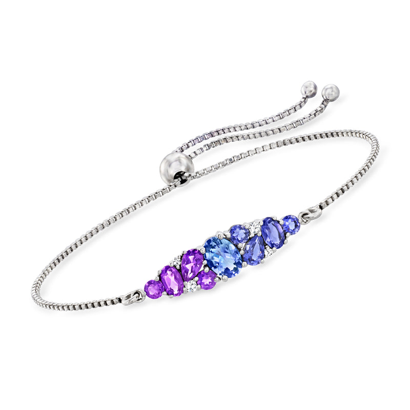 Sterling silver bolo bracelet with three purple and blue oval gemstones, adjustable ends