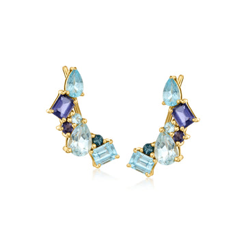 2.28 ct. t.w. Tonal Blue Topaz and Iolite Ear Climbers in 18kt Gold Over Sterling