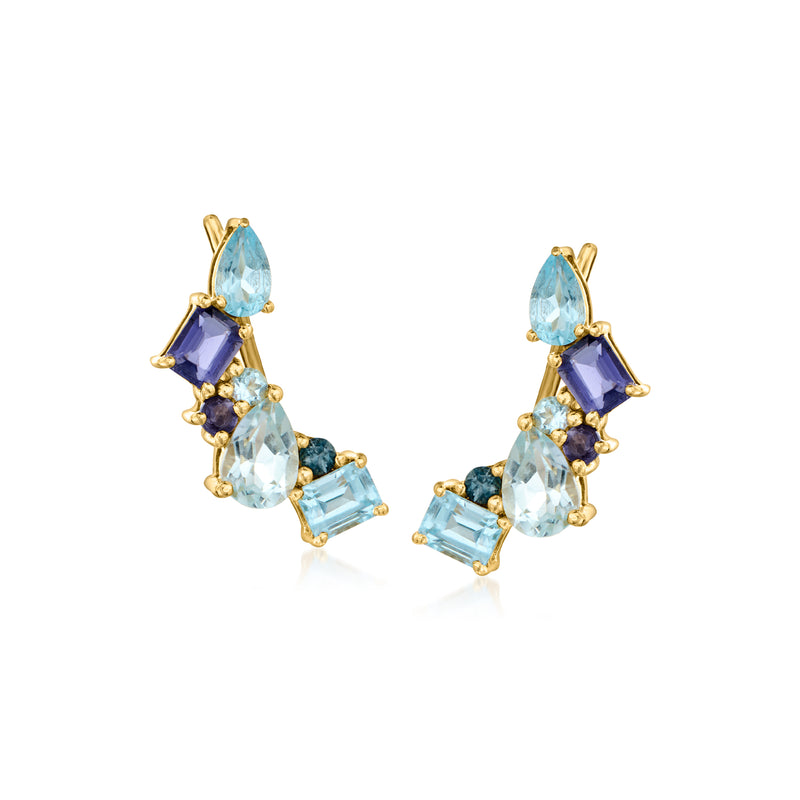 18kt gold over sterling ear climber earrings with blue topaz and iolite accents