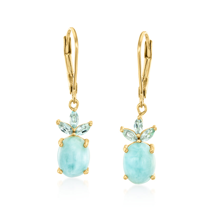 Gold leverback drop earrings with sky blue topaz cabochons and small floral accents