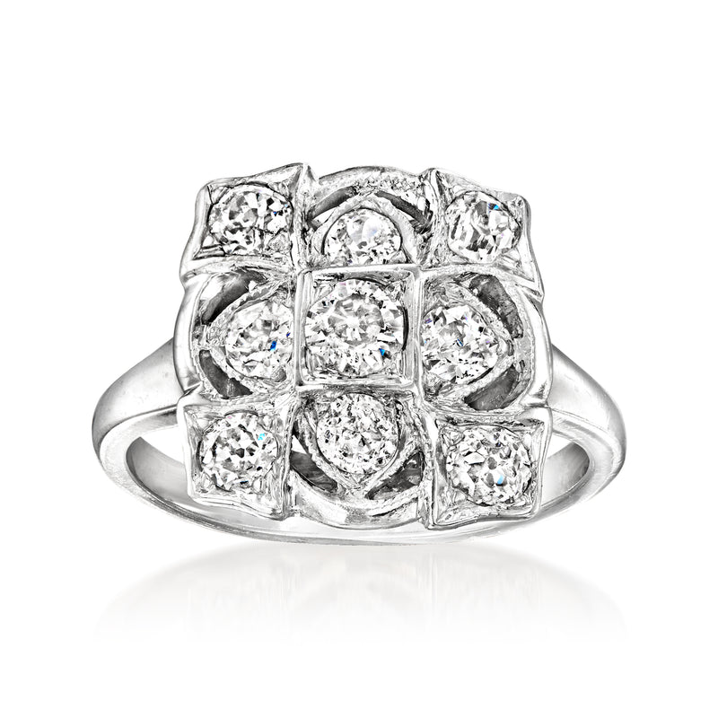 14kt white gold vintage diamond cluster ring with mixed square and round stones