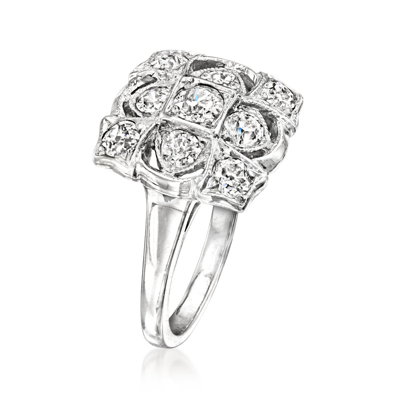 14kt white gold diamond cluster ring, side view with prong-set stones