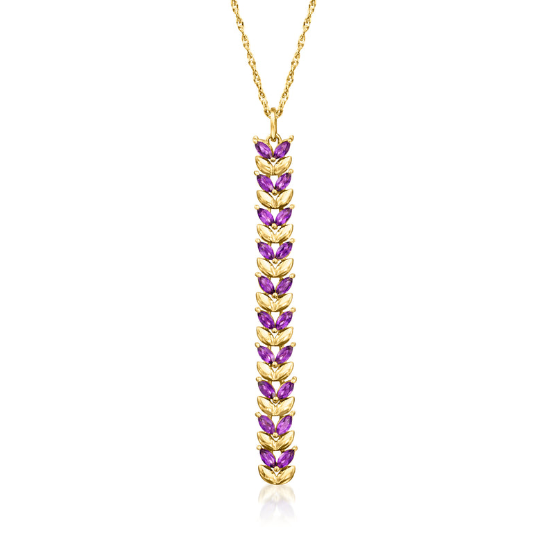 Gold pendant necklace with five purple amethyst teardrop clusters on a thin chain