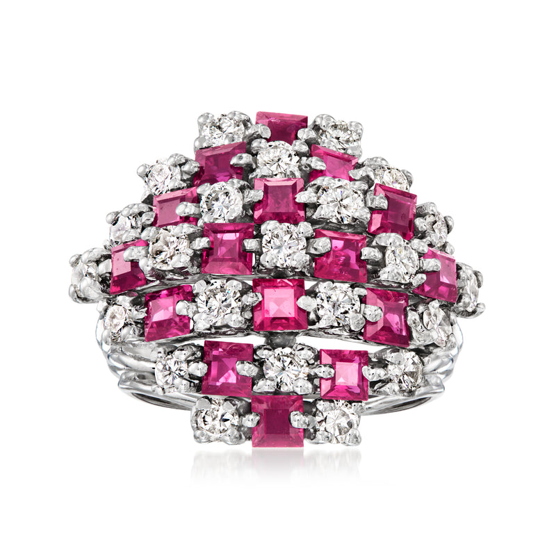 Vintage ruby and diamond cocktail ring in white gold, with square ruby stones and clear accents