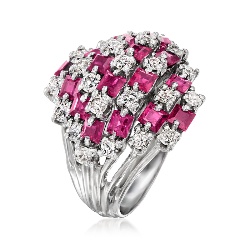 Ruby and diamond cocktail ring with square pink stones and round white diamonds, white gold band