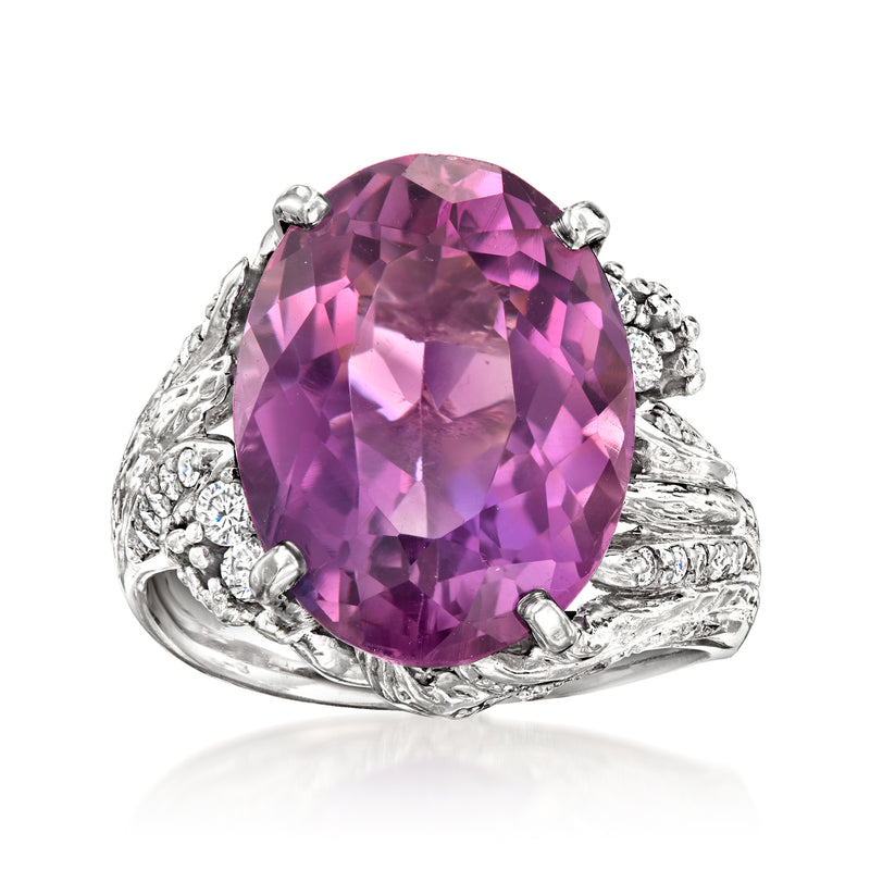 Platinum amethyst oval gemstone ring with diamond accents, vintage style