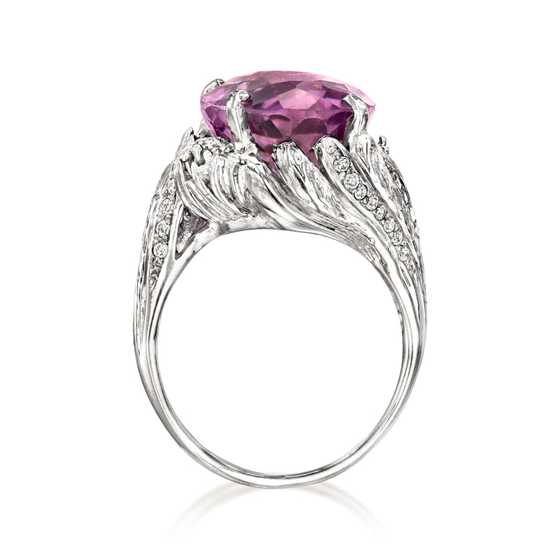 Platinum amethyst ring with carved band texture and raised gemstone setting