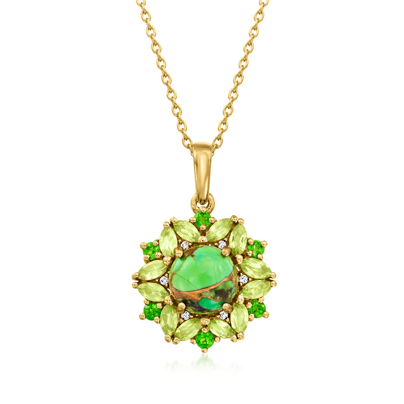 Gold pendant necklace with round green gemstone cluster and turquoise center