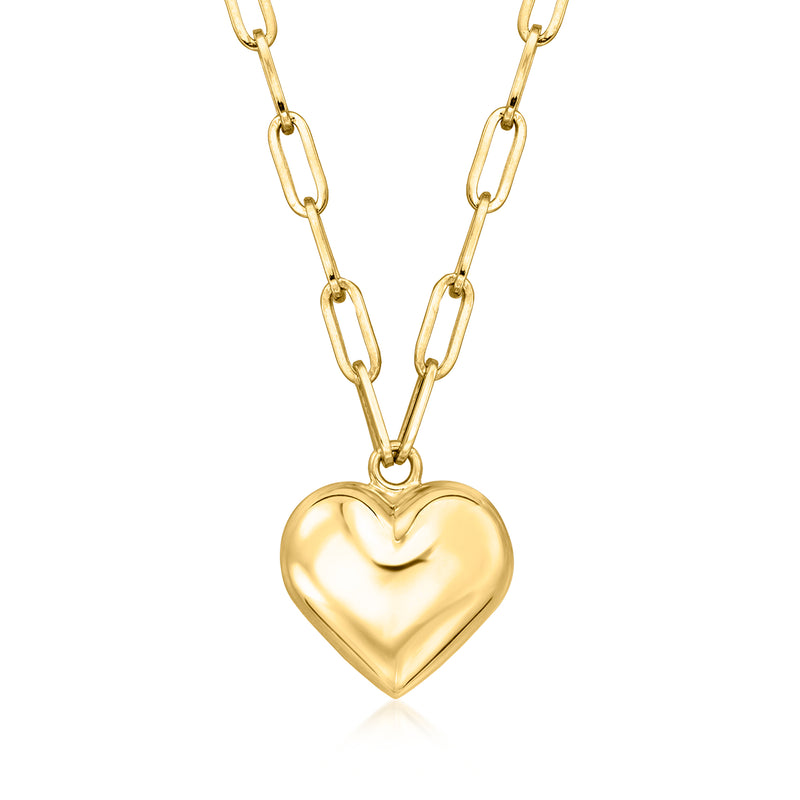 14kt yellow gold puffed heart paper clip link necklace, heart pendant on chain