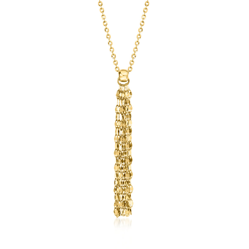 14kt yellow gold tassel necklace with linked chain and dangling mesh tassel